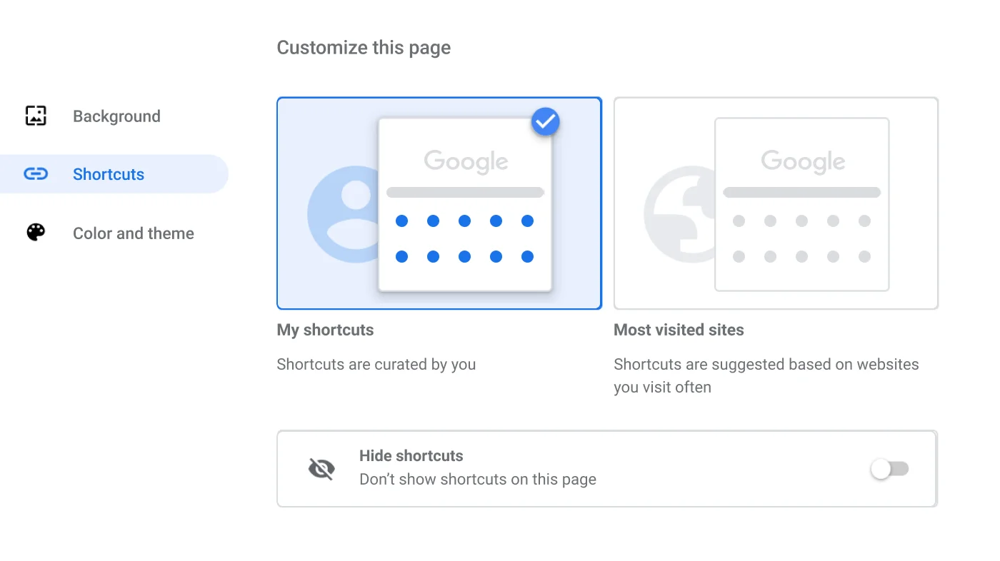 Chrome browser settings window showing the Shortcuts dialog.